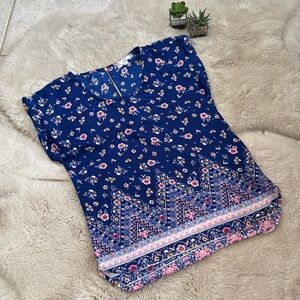 Pink Rose Floral Blouse Shirt Blue Pink Yellow Size Small